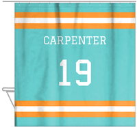 Thumbnail for Personalized Jersey Number Shower Curtain - Teal & Orange - Single Stripe - Hanging View