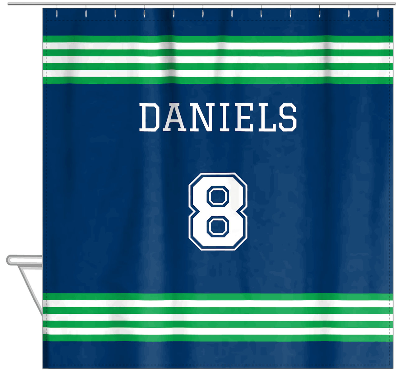 Personalized Jersey Number Shower Curtain - Blue & Green - Triple Stripe - Hanging View