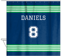 Thumbnail for Personalized Jersey Number Shower Curtain - Blue & Green - Triple Stripe - Hanging View
