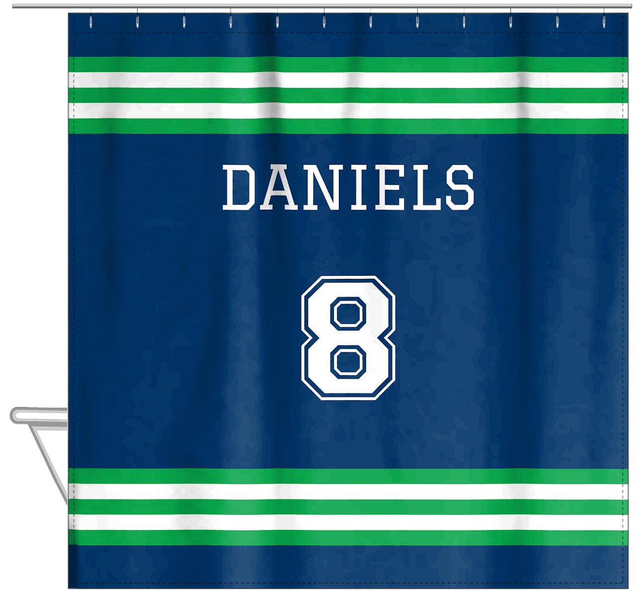 Personalized Jersey Number Shower Curtain - Blue & Green - Double Stripe - Hanging View