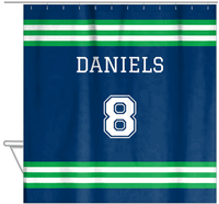 Thumbnail for Personalized Jersey Number Shower Curtain - Blue & Green - Double Stripe - Hanging View