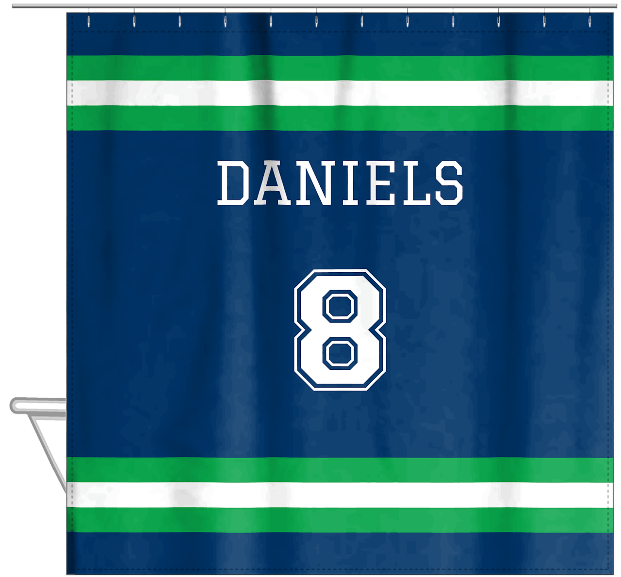 Personalized Jersey Number Shower Curtain - Blue & Green - Single Stripe - Hanging View