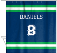 Thumbnail for Personalized Jersey Number Shower Curtain - Blue & Green - Single Stripe - Hanging View