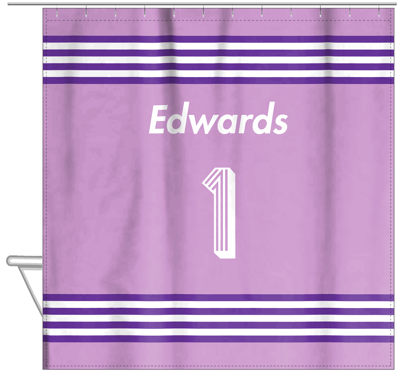 Personalized Jersey Number Shower Curtain - Lilac & Purple - Triple Stripe - Hanging View