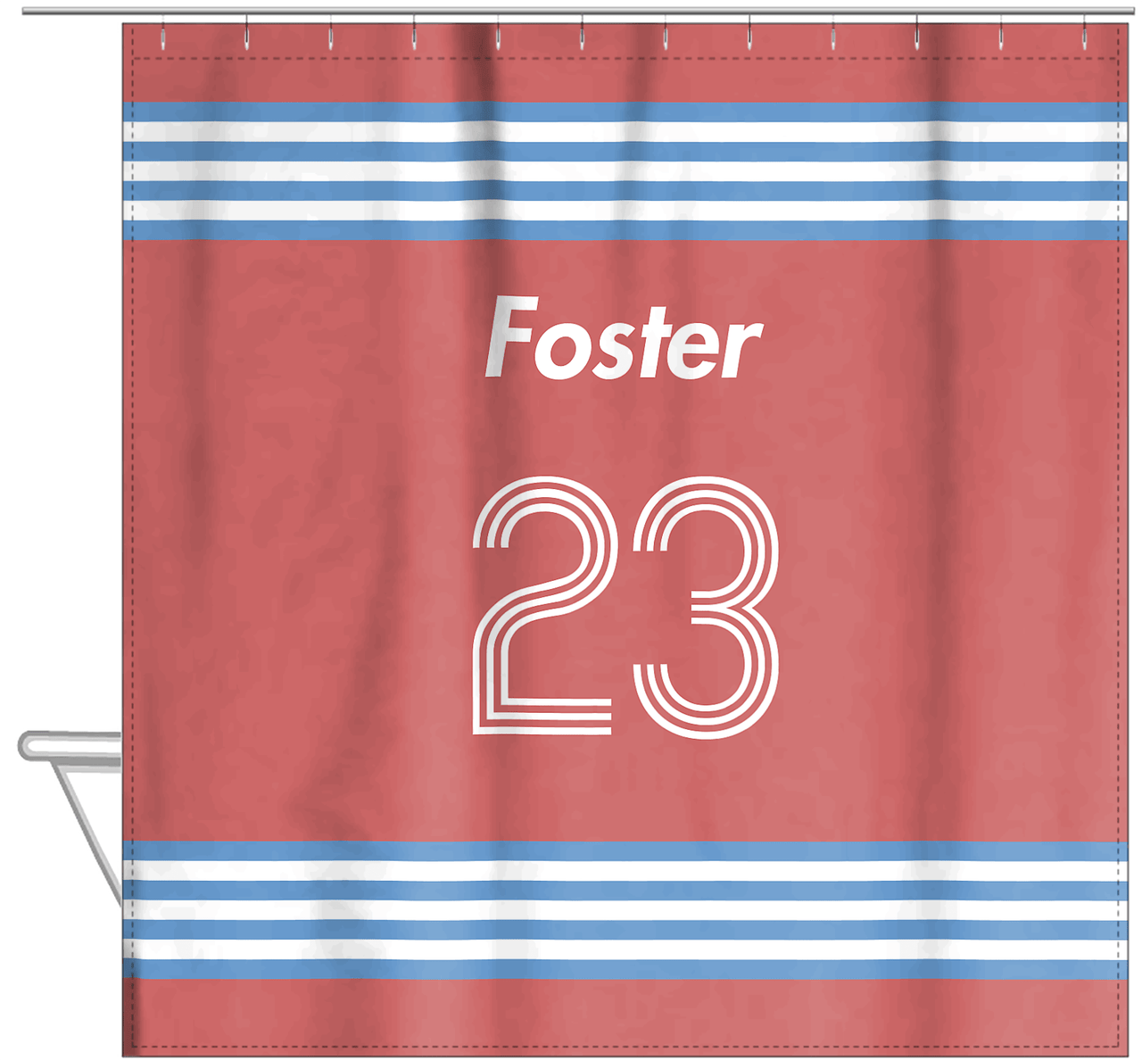 Personalized Jersey Number Shower Curtain - Roseate & Glacier - Triple Stripe - Hanging View