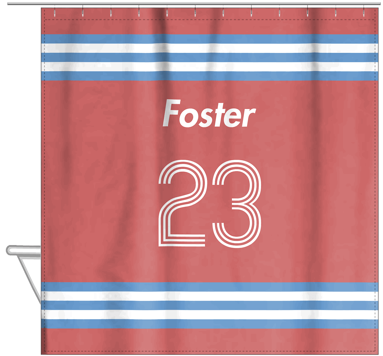 Personalized Jersey Number Shower Curtain - Roseate & Glacier - Double Stripe - Hanging View