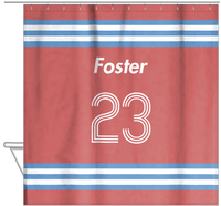 Thumbnail for Personalized Jersey Number Shower Curtain - Roseate & Glacier - Double Stripe - Hanging View