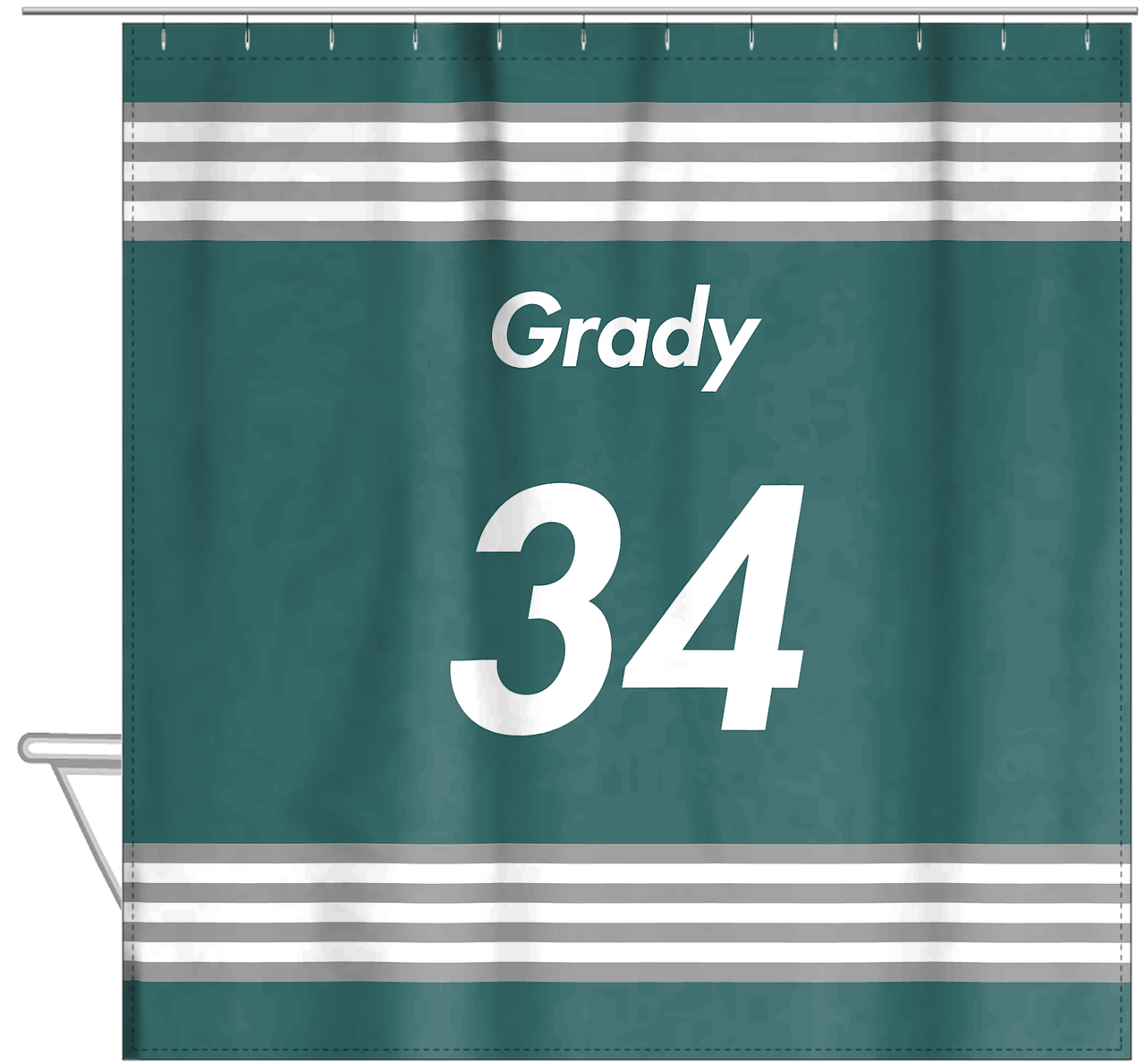 Personalized Jersey Number Shower Curtain - Teal & Grey - Triple Stripe - Hanging View