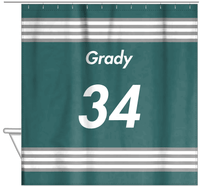 Thumbnail for Personalized Jersey Number Shower Curtain - Teal & Grey - Triple Stripe - Hanging View
