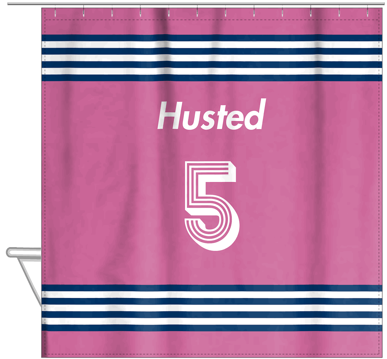 Personalized Jersey Number Shower Curtain - Pink & Blue - Triple Stripe - Hanging View