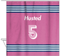 Thumbnail for Personalized Jersey Number Shower Curtain - Pink & Blue - Triple Stripe - Hanging View