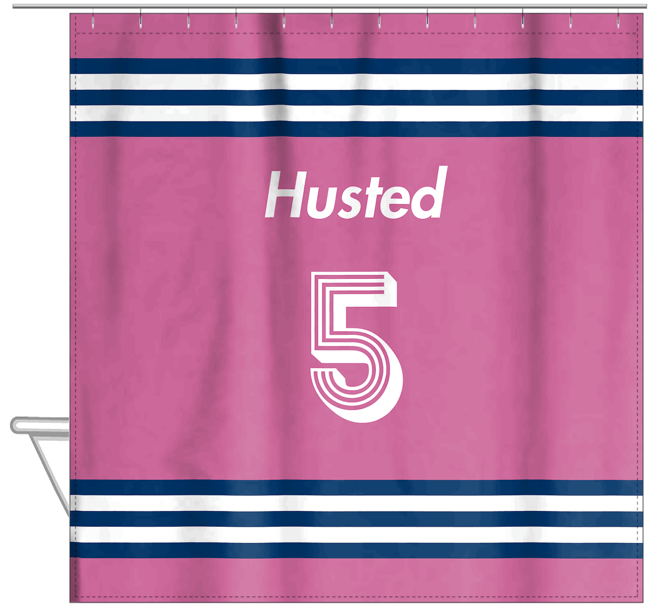 Personalized Jersey Number Shower Curtain - Pink & Blue - Double Stripe - Hanging View