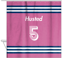 Thumbnail for Personalized Jersey Number Shower Curtain - Pink & Blue - Double Stripe - Hanging View