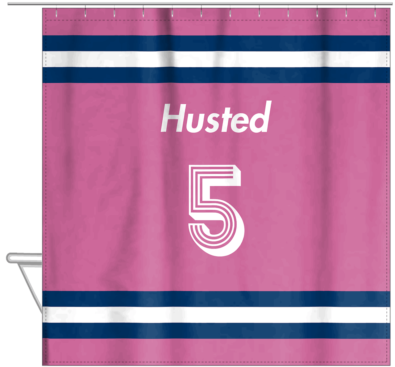 Personalized Jersey Number Shower Curtain - Pink & Blue - Single Stripe - Hanging View