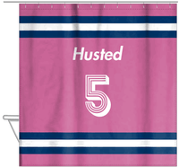 Thumbnail for Personalized Jersey Number Shower Curtain - Pink & Blue - Single Stripe - Hanging View