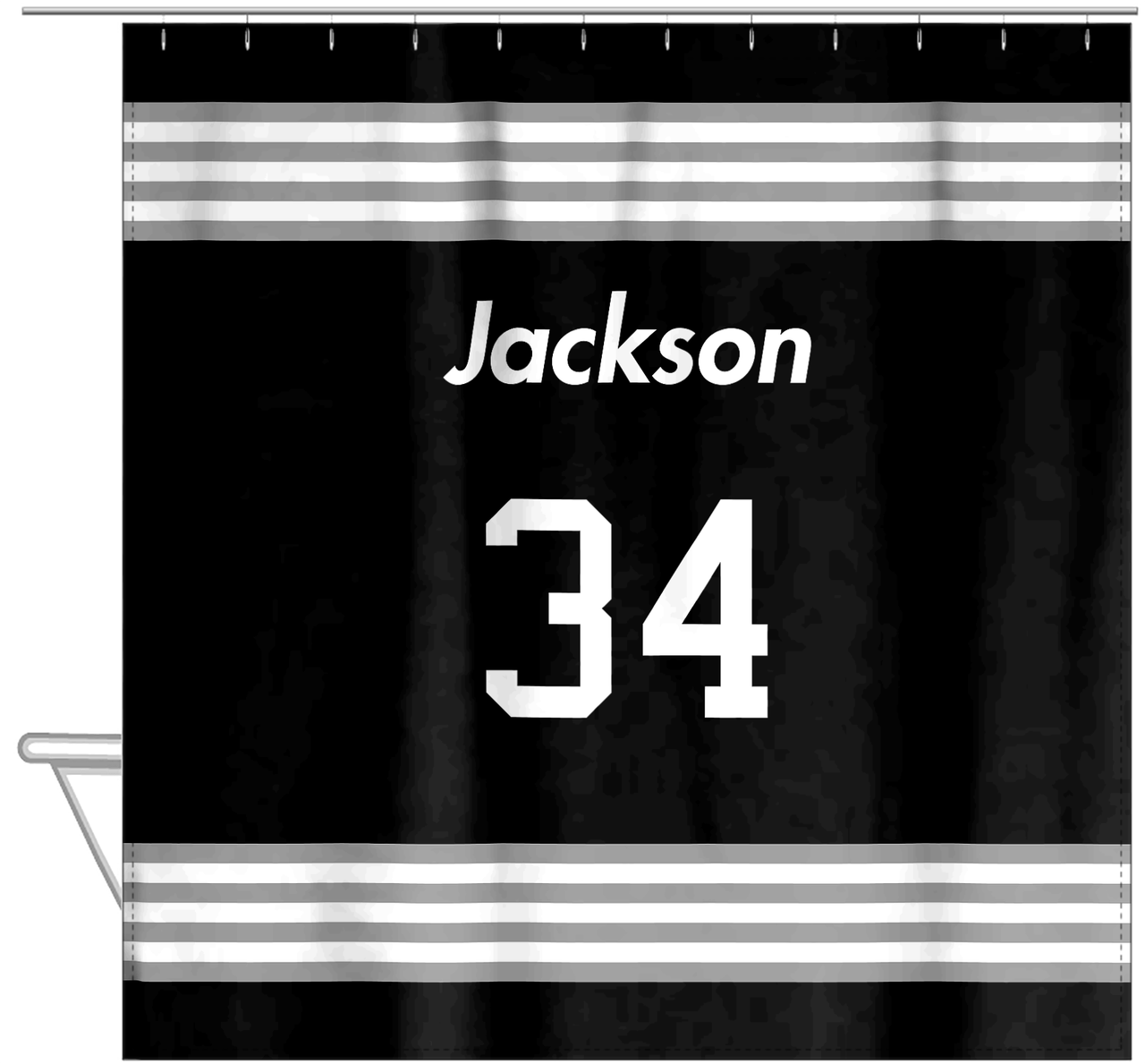 Personalized Jersey Number Shower Curtain - Black & Grey - Triple Stripe - Hanging View