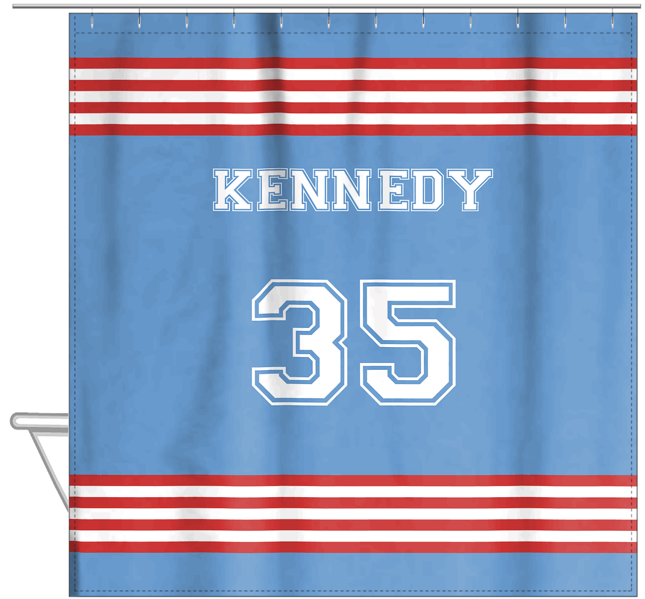 Personalized Jersey Number Shower Curtain - Glacier & Red - Triple Stripe - Hanging View