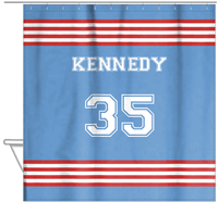 Thumbnail for Personalized Jersey Number Shower Curtain - Glacier & Red - Triple Stripe - Hanging View