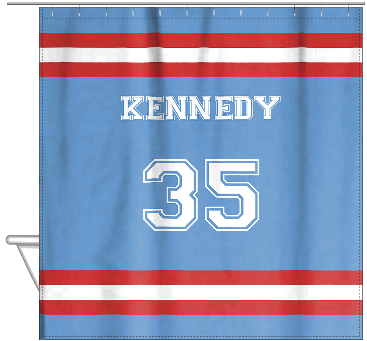 Personalized Jersey Number Shower Curtain - Glacier & Red - Single Stripe - Hanging View