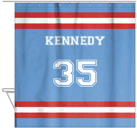 Thumbnail for Personalized Jersey Number Shower Curtain - Glacier & Red - Single Stripe - Hanging View