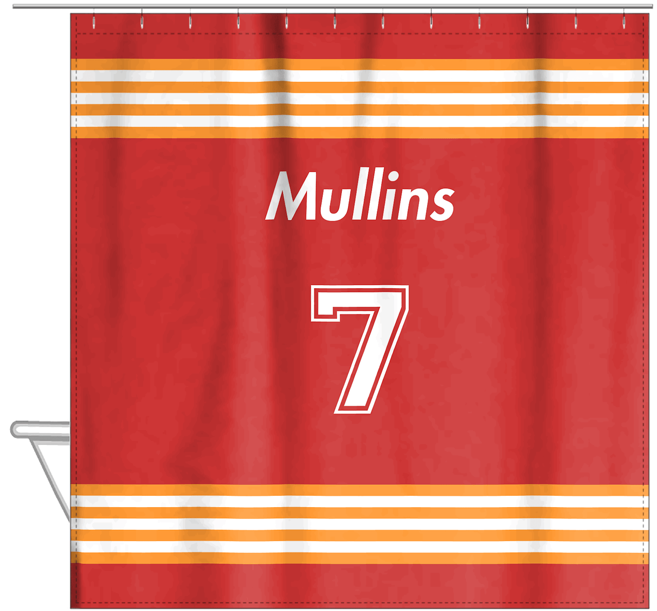Personalized Jersey Number Shower Curtain - Red & Orange - Triple Stripe - Hanging View