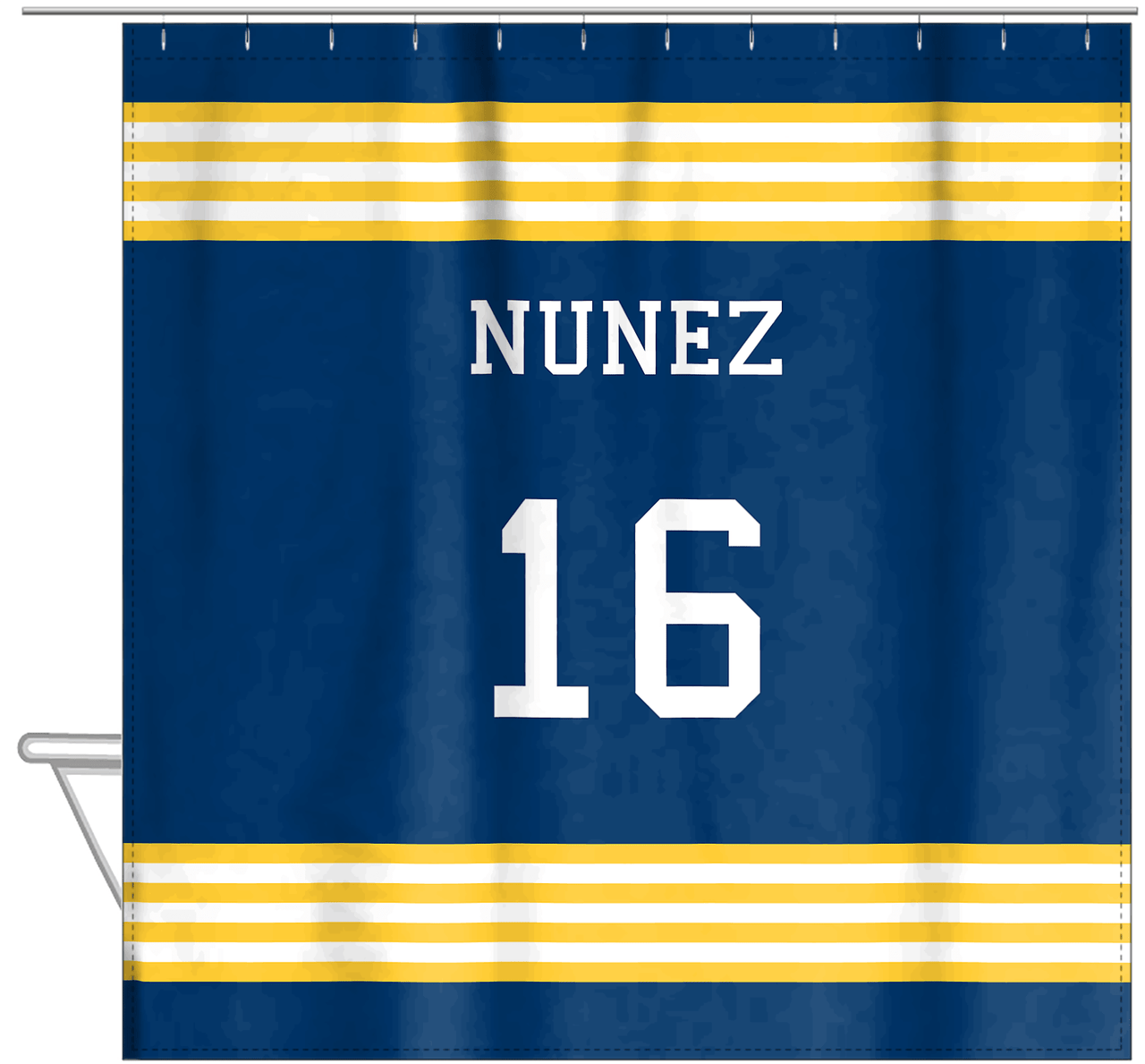Personalized Jersey Number Shower Curtain - Blue & Yellow - Triple Stripe - Hanging View