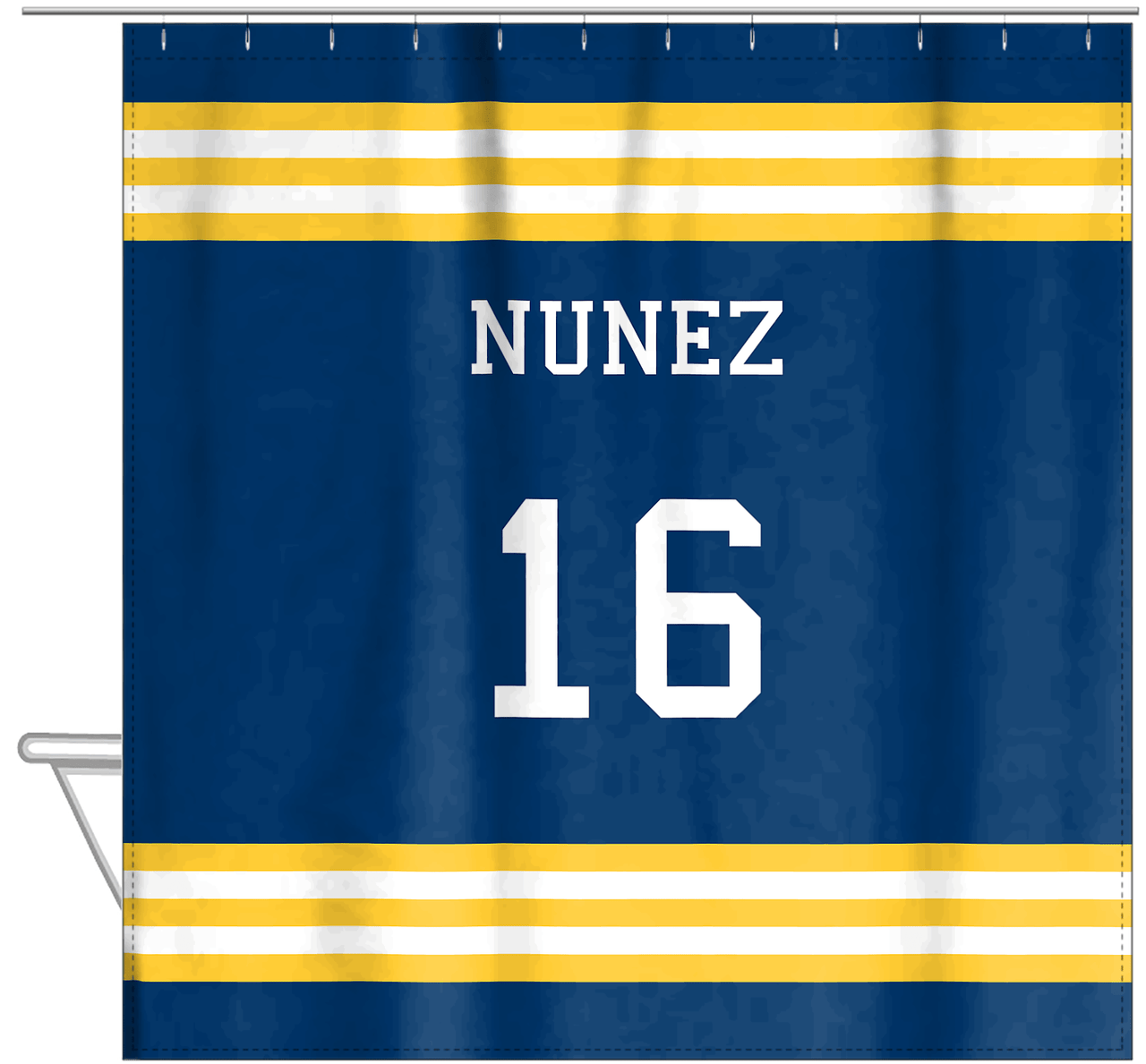 Personalized Jersey Number Shower Curtain - Blue & Yellow - Double Stripe - Hanging View