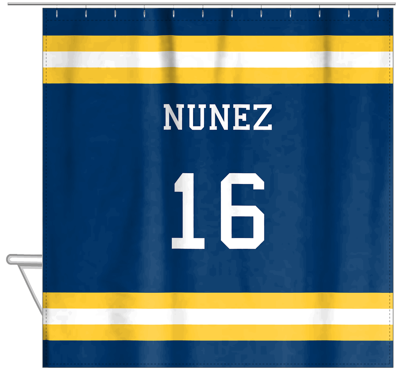 Personalized Jersey Number Shower Curtain - Blue & Yellow - Single Stripe - Hanging View