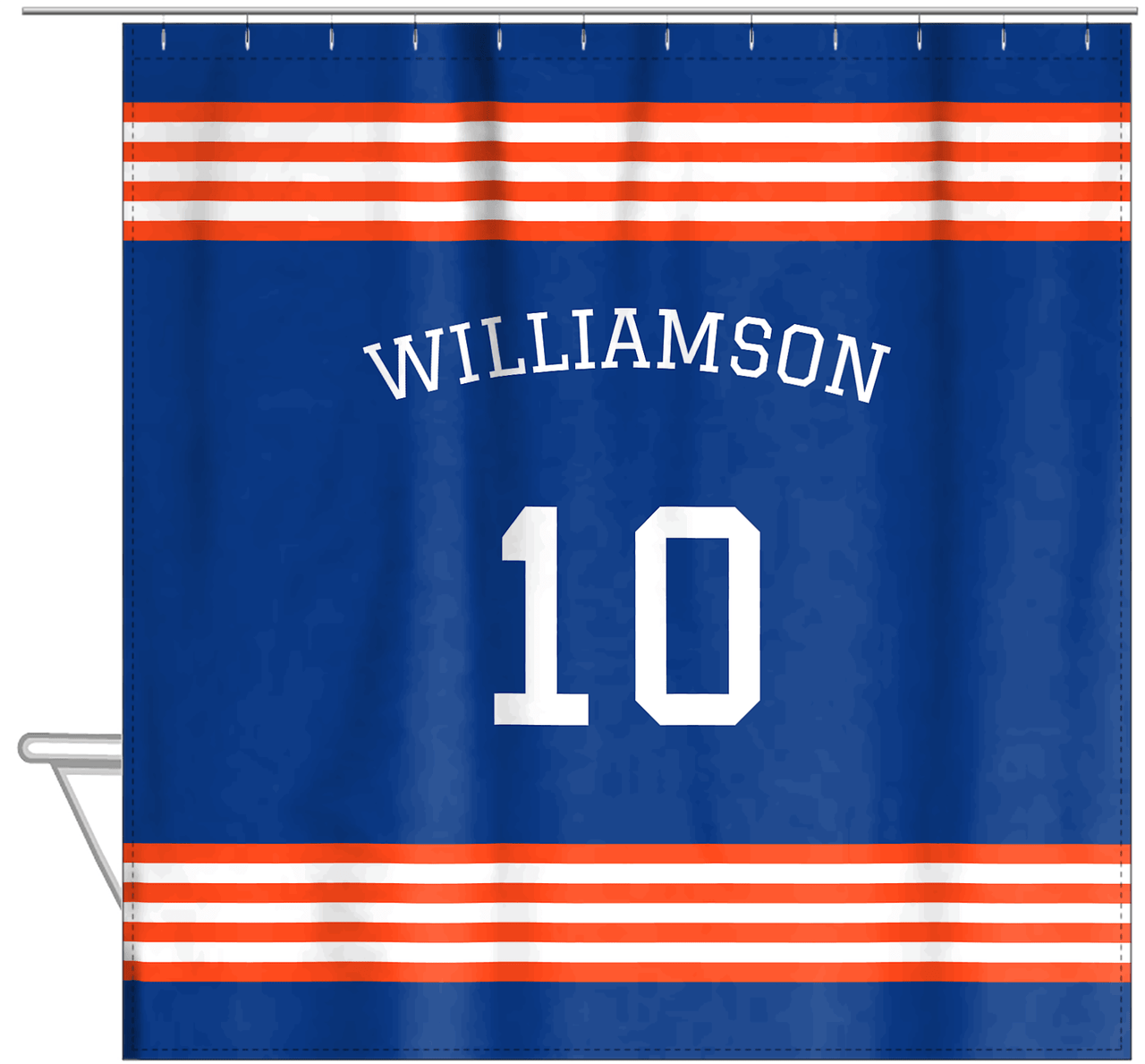 Personalized Jersey Number Shower Curtain with Arched Name - Blue & Orange - Triple Stripe - Hanging View