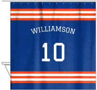 Thumbnail for Personalized Jersey Number Shower Curtain with Arched Name - Blue & Orange - Double Stripe - Hanging View