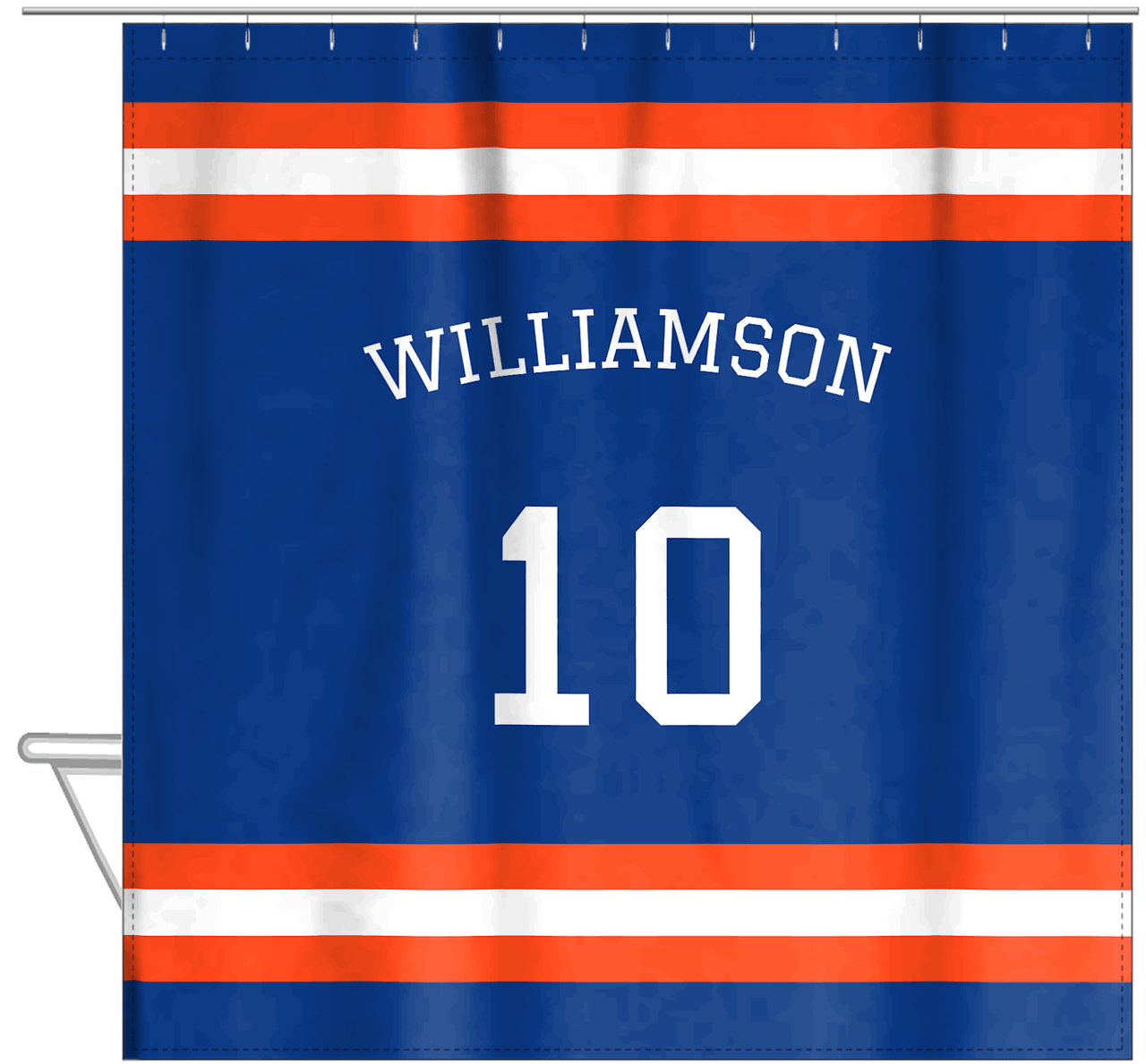Personalized Jersey Number Shower Curtain with Arched Name - Blue & Orange - Single Stripe - Hanging View