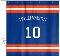 Thumbnail for Personalized Jersey Number Shower Curtain with Arched Name - Blue & Orange - Single Stripe - Hanging View