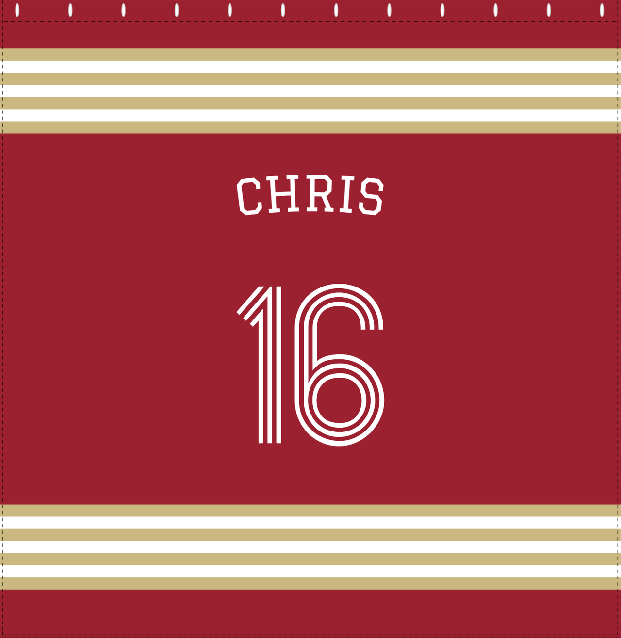 Personalized Jersey Number Shower Curtain with Arched Name - Red & Gold - Triple Stripe - Decorate View