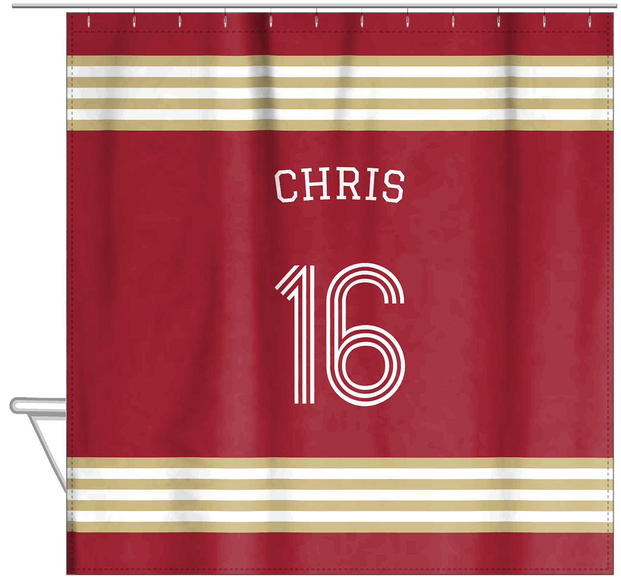 Personalized Jersey Number Shower Curtain with Arched Name - Red & Gold - Triple Stripe - Hanging View