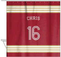 Thumbnail for Personalized Jersey Number Shower Curtain with Arched Name - Red & Gold - Triple Stripe - Hanging View