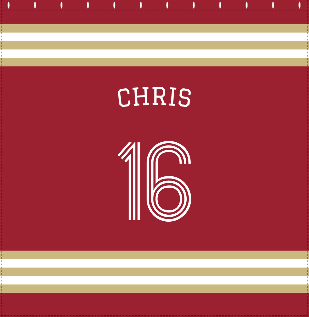 Personalized Jersey Number Shower Curtain with Arched Name - Red & Gold - Double Stripe - Decorate View