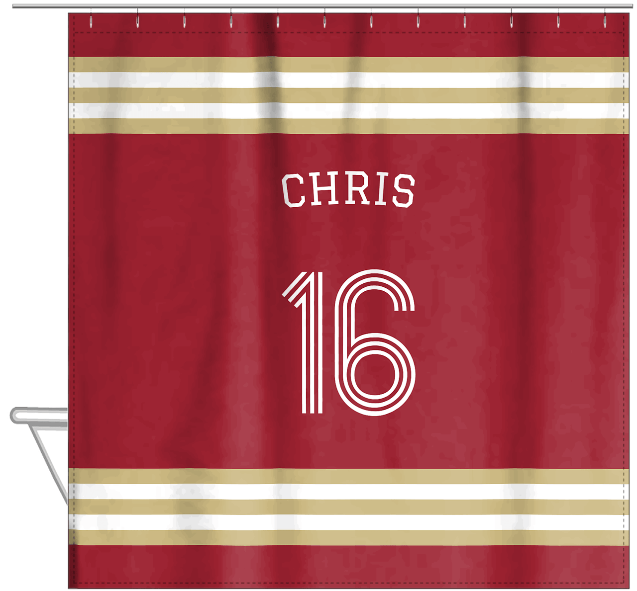 Personalized Jersey Number Shower Curtain with Arched Name - Red & Gold - Double Stripe - Hanging View