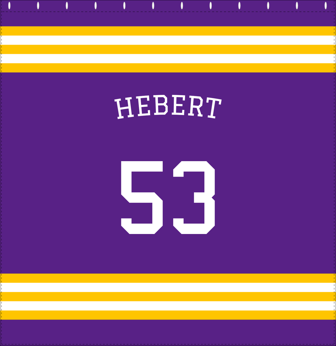 Personalized Jersey Number Shower Curtain with Arched Name - Purple & Gold - Double Stripe - Decorate View