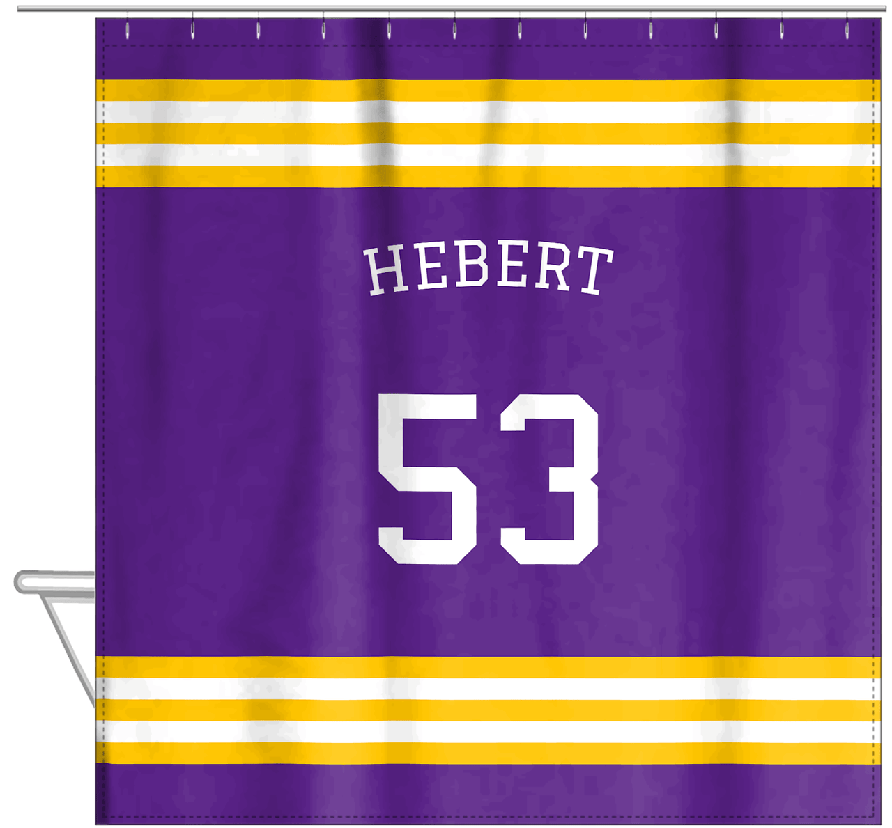 Personalized Jersey Number Shower Curtain with Arched Name - Purple & Gold - Double Stripe - Hanging View