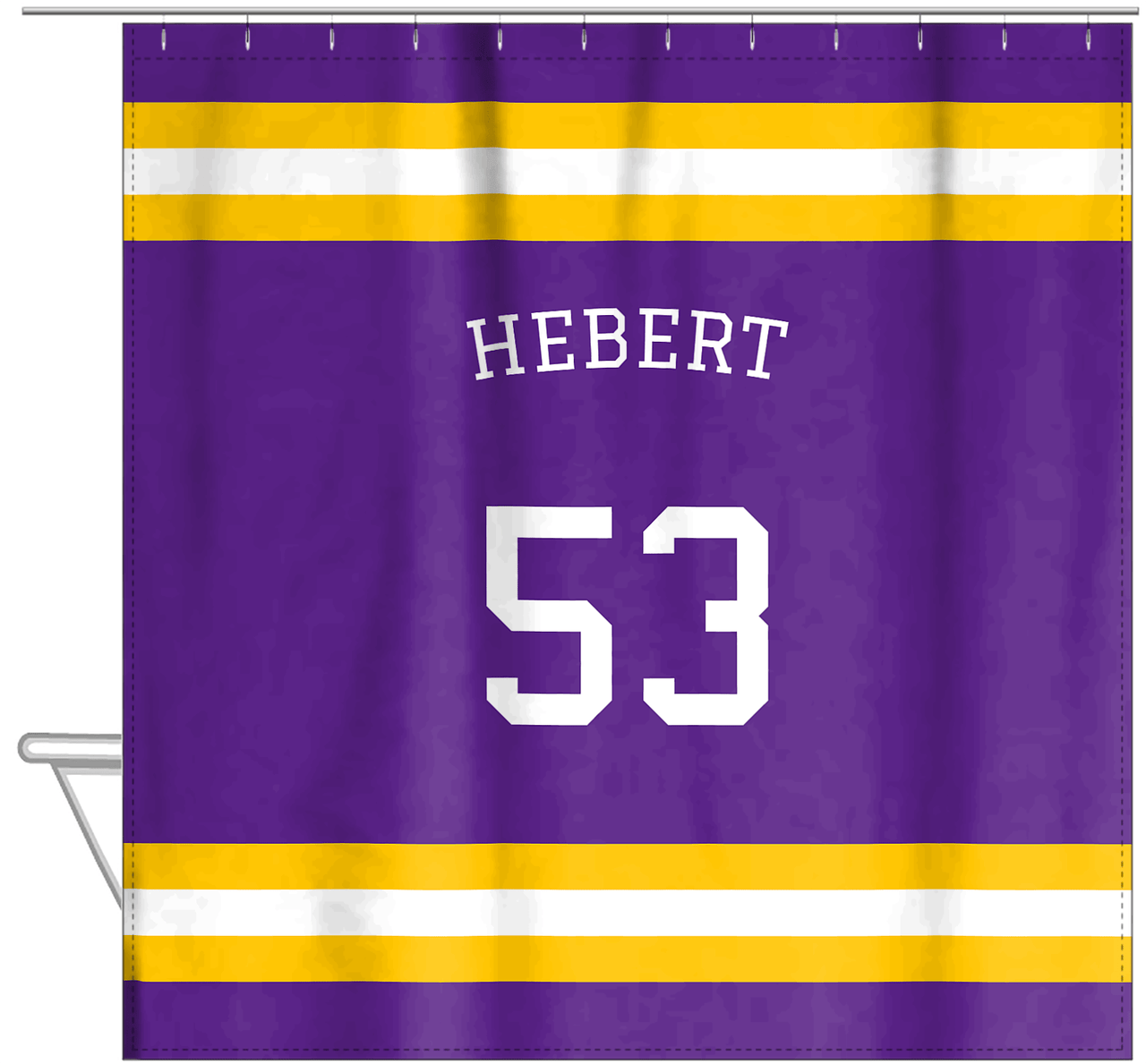 Personalized Jersey Number Shower Curtain with Arched Name - Purple & Gold - Single Stripe - Hanging View