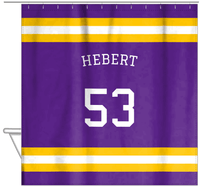 Thumbnail for Personalized Jersey Number Shower Curtain with Arched Name - Purple & Gold - Single Stripe - Hanging View