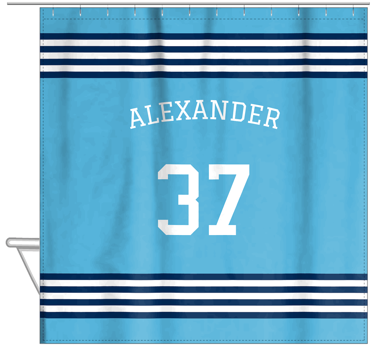 Personalized Jersey Number Shower Curtain with Arched Name - Blue & Navy - Triple Stripe - Hanging View