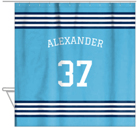 Thumbnail for Personalized Jersey Number Shower Curtain with Arched Name - Blue & Navy - Triple Stripe - Hanging View