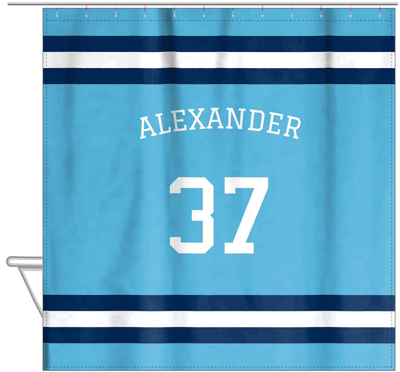 Personalized Jersey Number Shower Curtain with Arched Name - Blue & Navy - Single Stripe - Hanging View