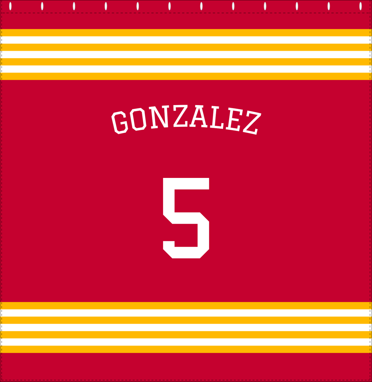 Personalized Jersey Number Shower Curtain with Arched Name - Red & Yellow - Triple Stripe - Decorate View