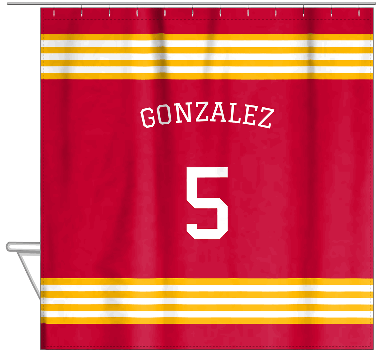 Personalized Jersey Number Shower Curtain with Arched Name - Red & Yellow - Triple Stripe - Hanging View