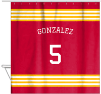 Thumbnail for Personalized Jersey Number Shower Curtain with Arched Name - Red & Yellow - Triple Stripe - Hanging View