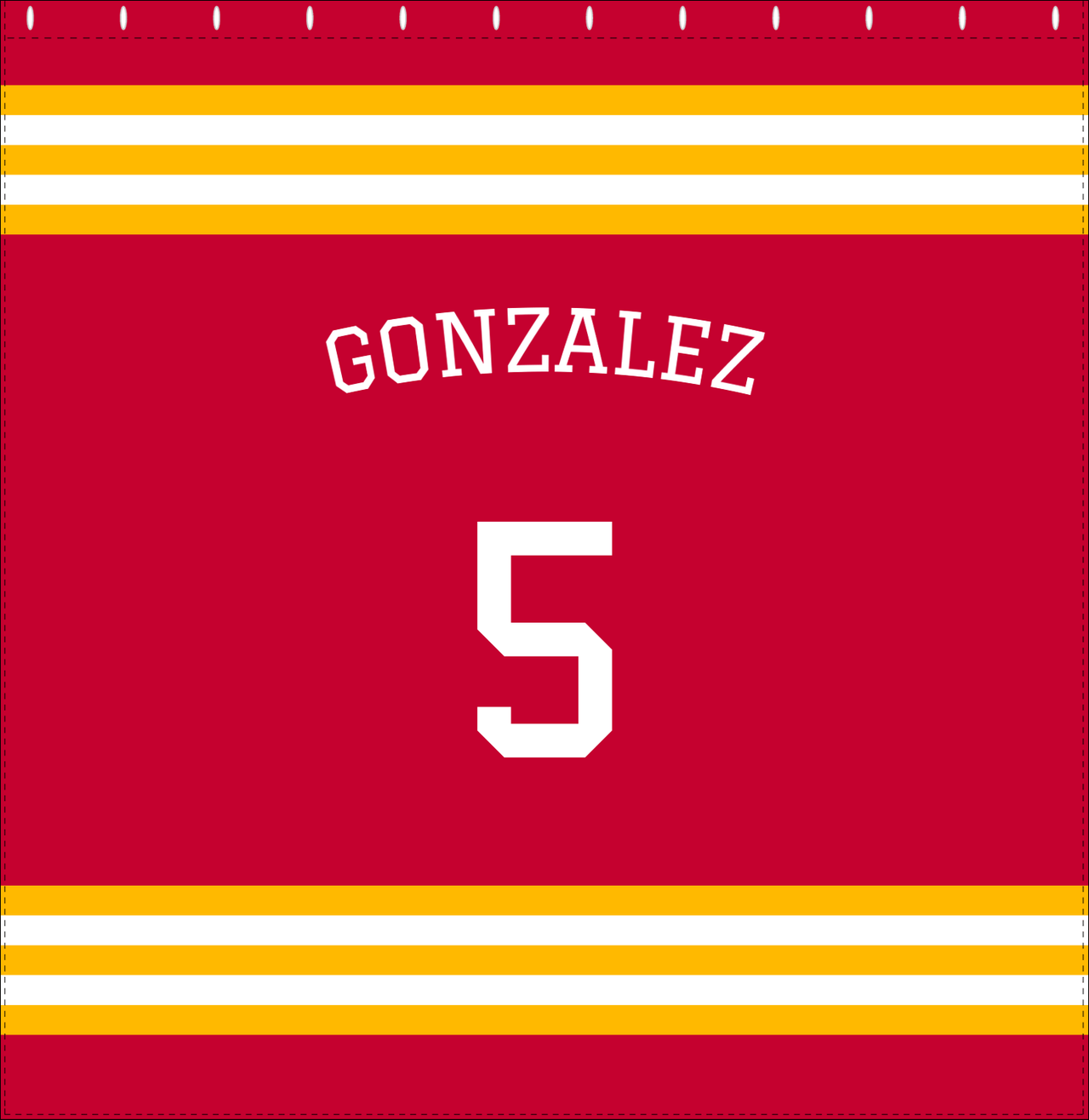Personalized Jersey Number Shower Curtain with Arched Name - Red & Yellow - Double Stripe - Decorate View