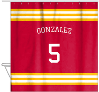 Thumbnail for Personalized Jersey Number Shower Curtain with Arched Name - Red & Yellow - Double Stripe - Hanging View