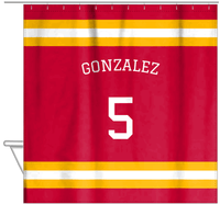 Thumbnail for Personalized Jersey Number Shower Curtain with Arched Name - Red & Yellow - Single Stripe - Hanging View